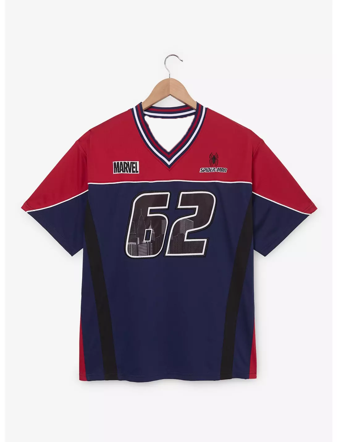 2026 Herren Damen Marvel Spider-Man 62 City Print T-Shirt, Rot Marine V-Ausschnitt Jersey-Kleidung für Tägliche Casual Streetwear