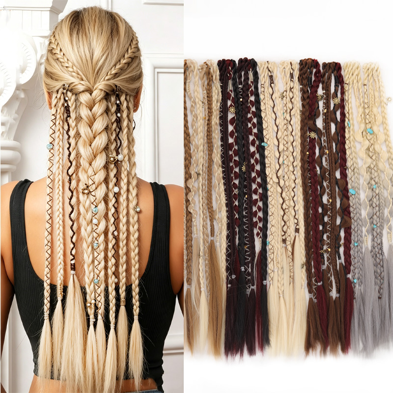 Trenza de pelo larga estilo bohemio, trenza tejida a mano con accesorios decorativos para el cabello, trenza de pelo sintético fácil de usar con clip.