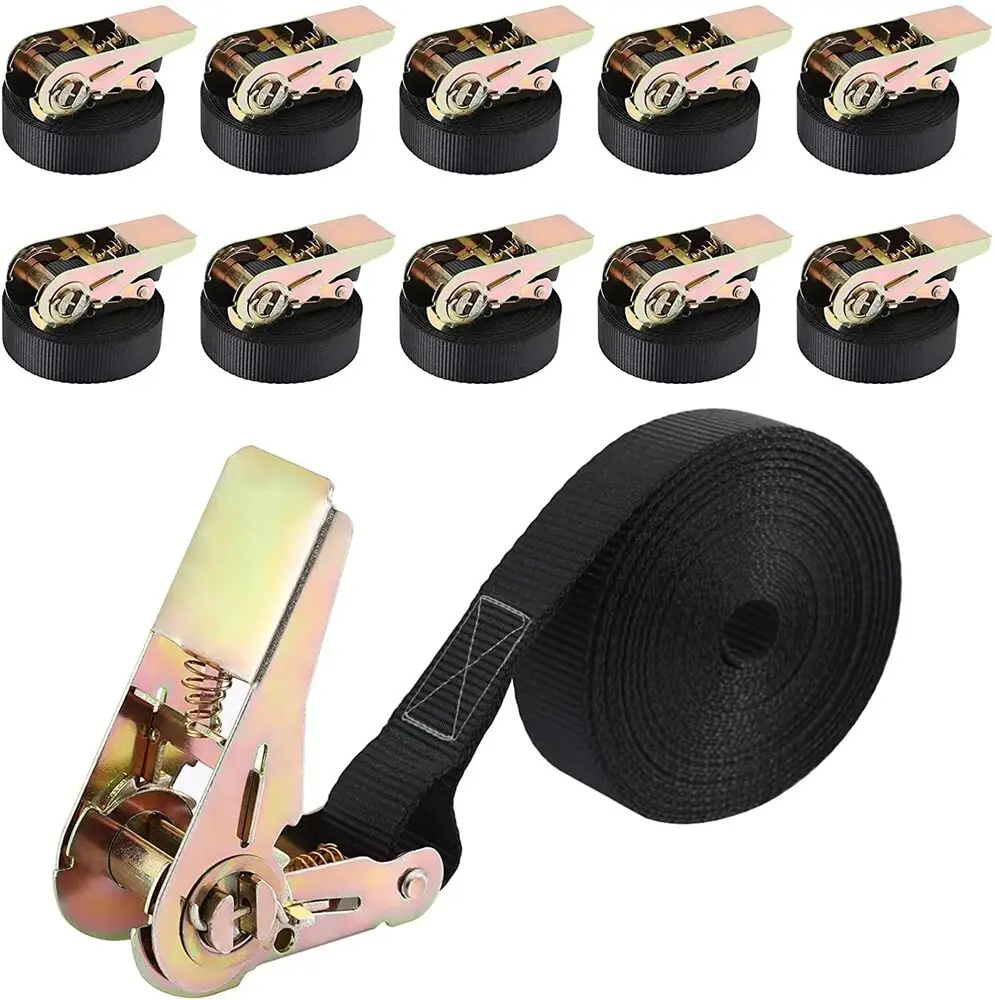 Ratchet Straps Lashing Ties, Tensão Hard Straps, 25mm, 6m, 0.8t Pull, Poliéster, Preto, SGS, Tik, 10Pcs