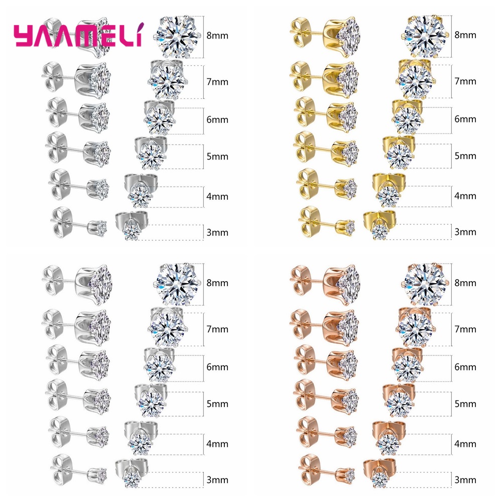 925 Sterling Zilveren Stud Oorbel Zirkoon Strass Klauw Instelling Sieraden Voor Man Vrouw Kind 3/4/5/6/7/8Mm Mix Maat 6 Paar