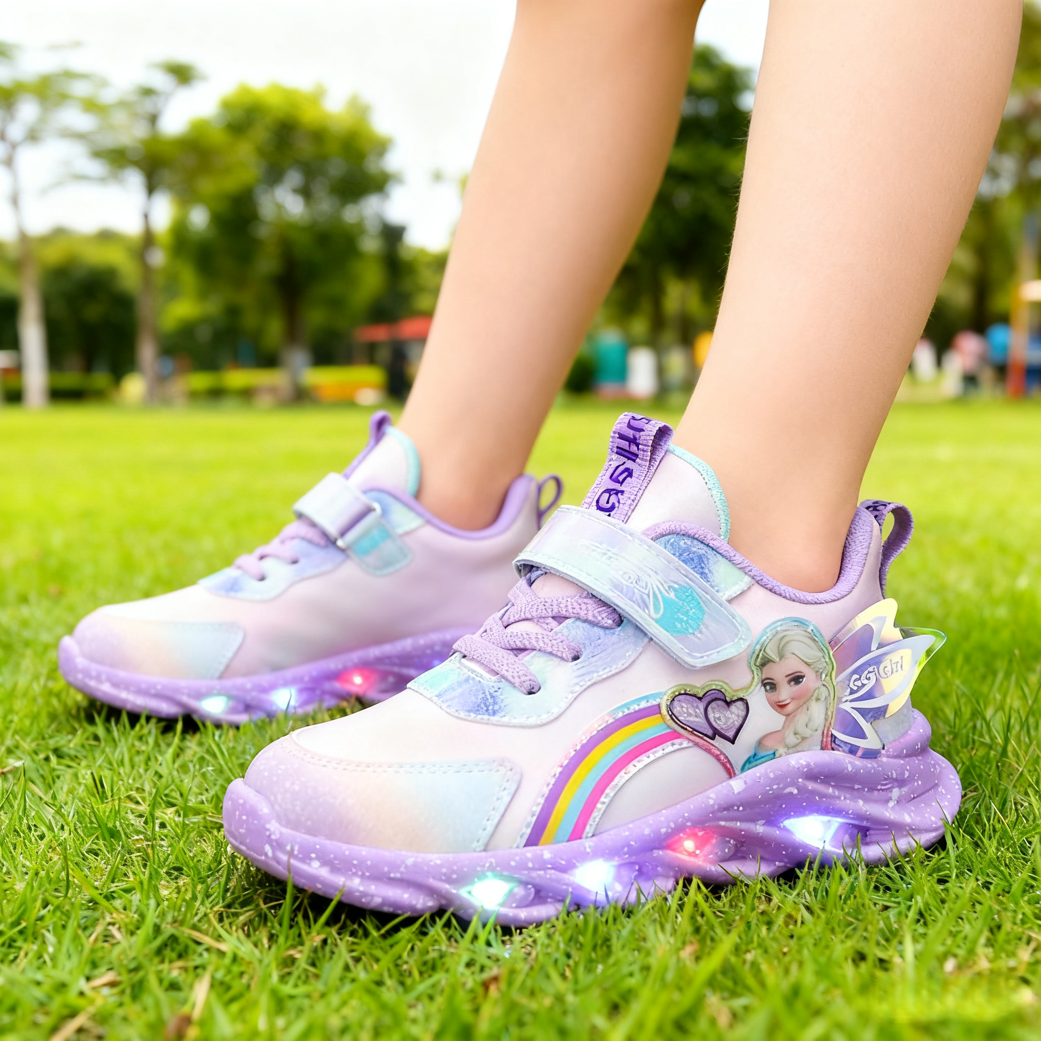 Buty sportowe dla dziewczynek Disney z podświetleniem LED, siateczkowe, oddychające, dziecięce, księżniczka Elsa, różowo-fioletowe, rozmiary 22-35