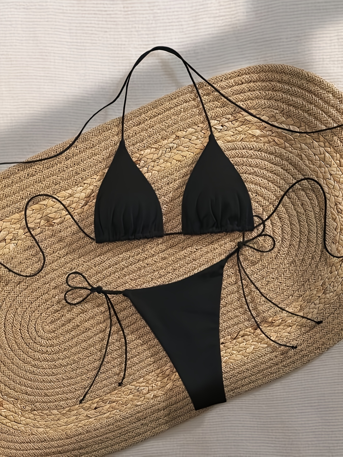 Set Bikini Nero Triangolare con Laccetti 2025, Costume da Bagno Sexy con Perizoma per Donne