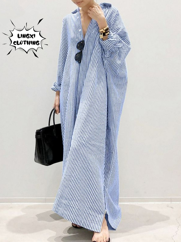 Plus Size Nieuwe Damesjurk Mode Streep Single Breasted Shirt Losse Casual Stijl Elegante Dames Katoenen Hennep Lange Jurk