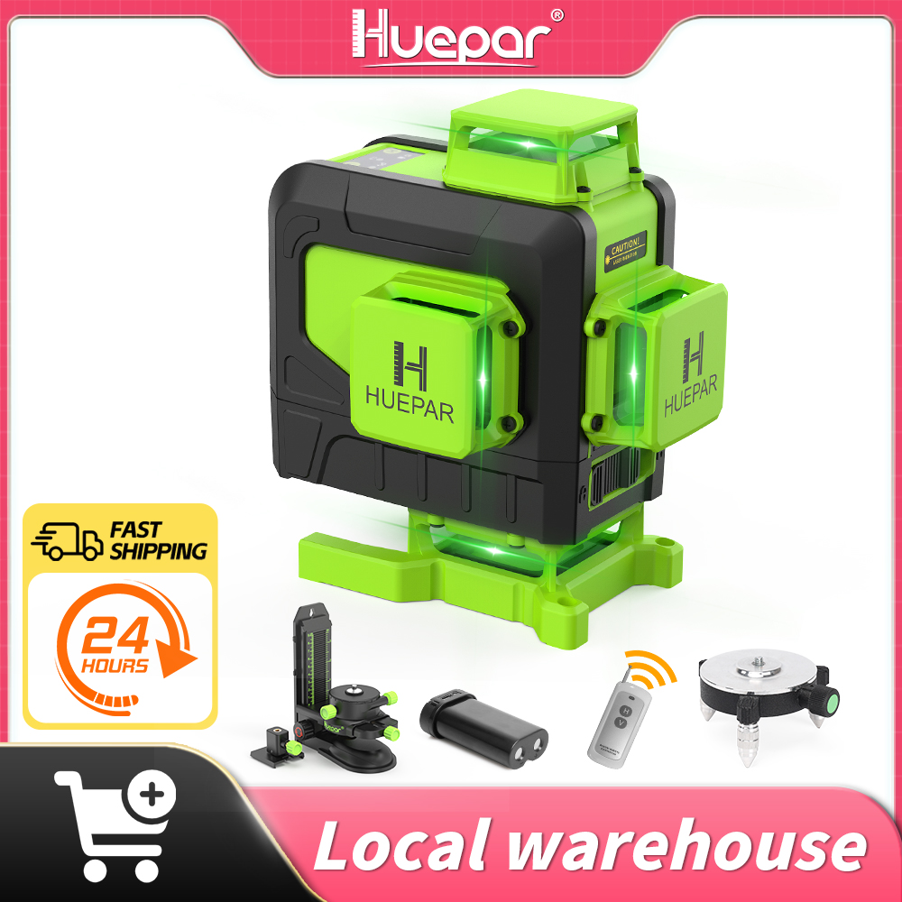 Huepar 4D 16 Lines Green Laser Level Vertical and Horizontal Self-leveling with Remote control &Li-ion battery Floor Laser Tool