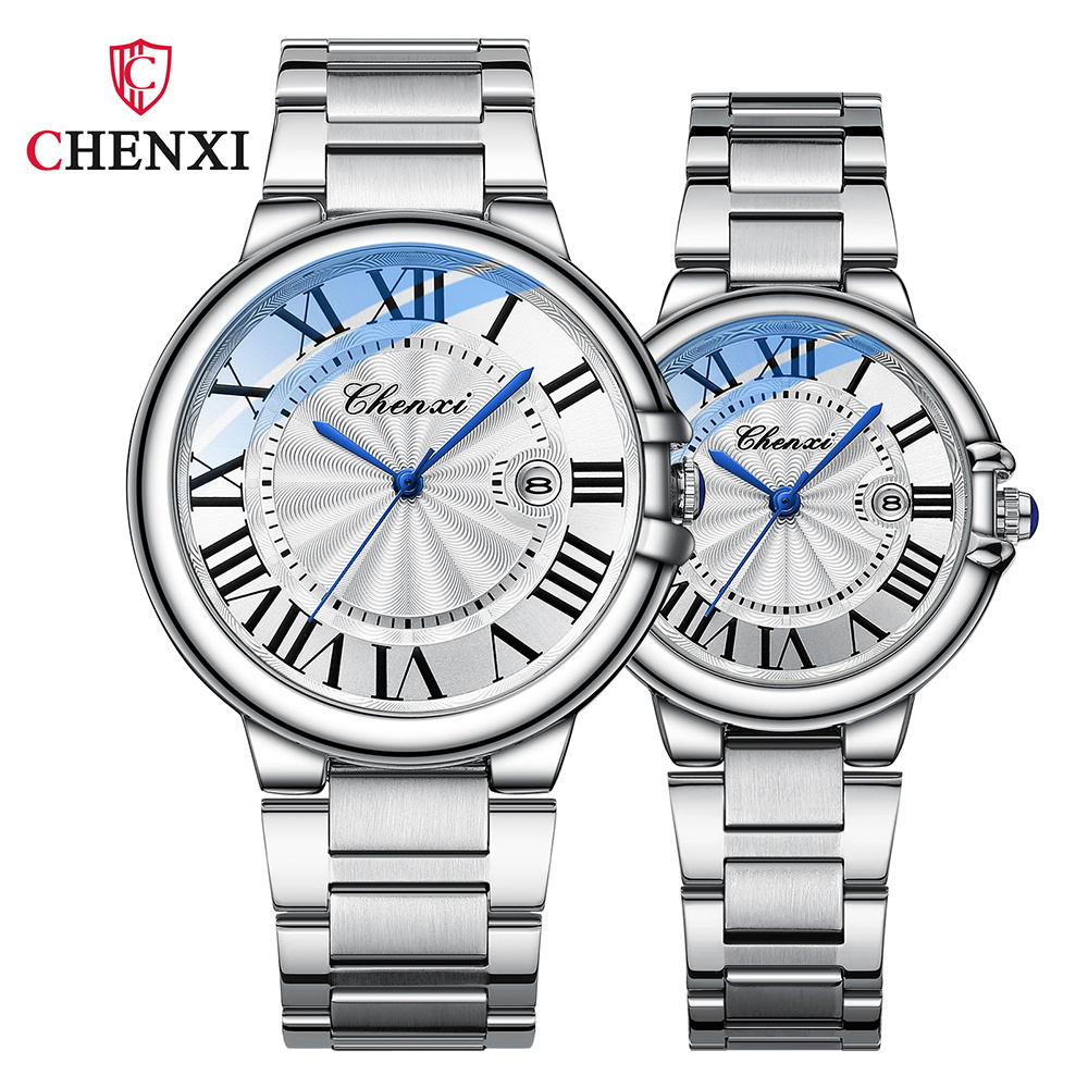 CHENXI 039 Couple montre exquise Quartz haut de gamme de luxe mode acier inoxydable argent blanc mâle et femme Couple montre cadeau