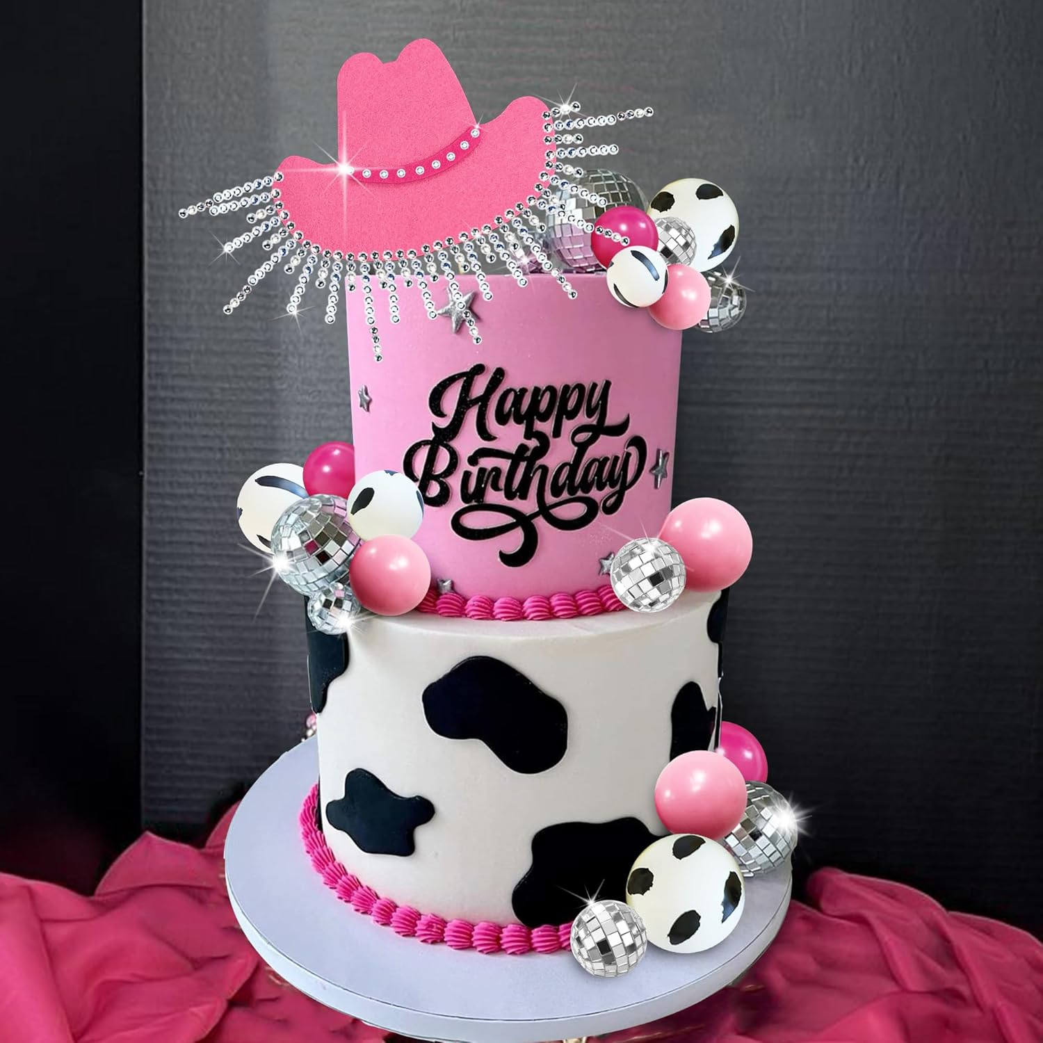 Adorno para tarta de vaquera, sombrero de vaquera brillante DIY de color rosa intenso, bolas de discoteca para Fiesta Temática occidental, suministros para fiesta de cumpleaños de vaquera