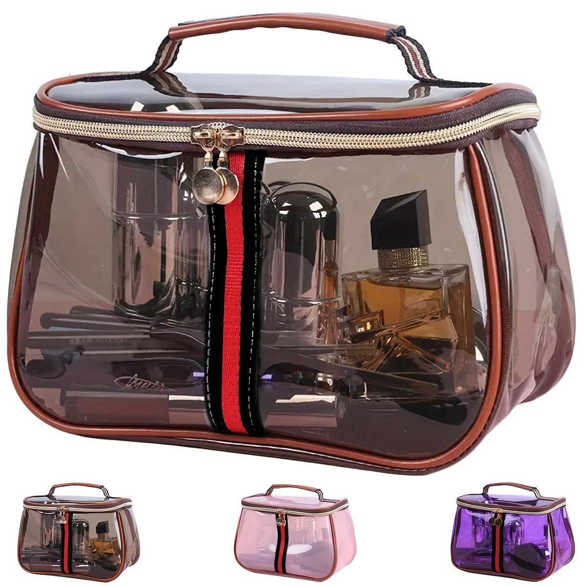 Tas Makeup Wanita Transparan Kapasitas Besar Tas Perlengkapan Mandi Tahan Air Tas Perjalanan Portabel Penyimpanan Bahan PVC Bentuk Kotak Hadiah