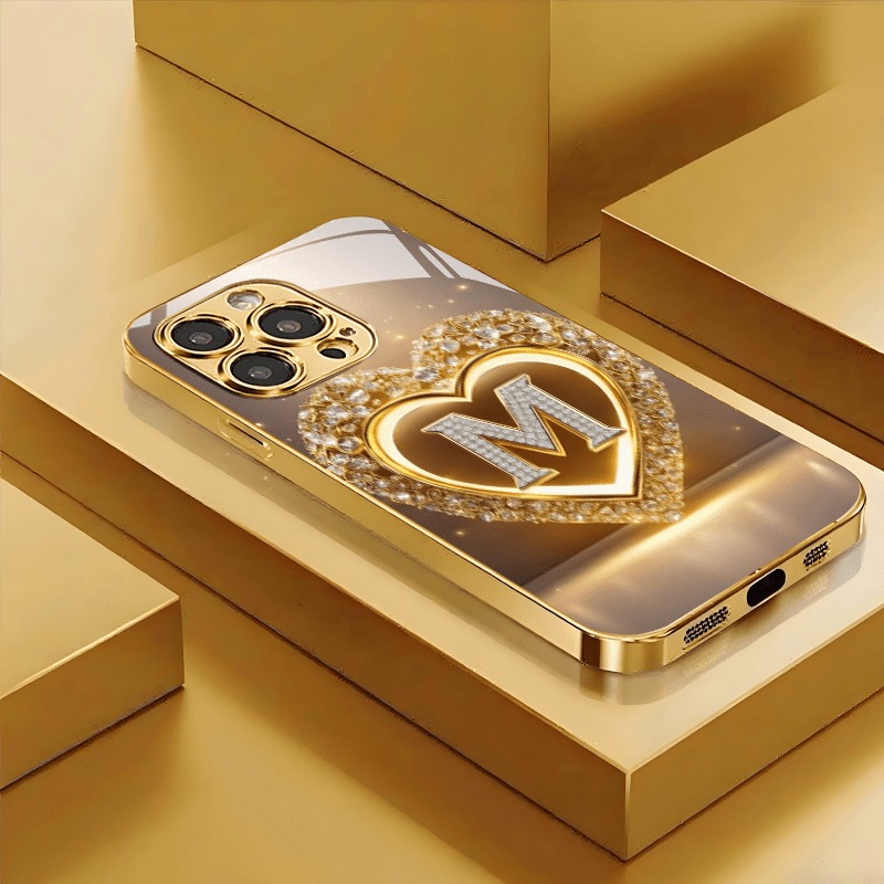 Custodia per telefono in vetro con vernice metallizzata con motivo a forma di cuore scintillante per iPhone 17 16 15 14 13 12 11 Pro Max Plus 17 Air 16E Cover
