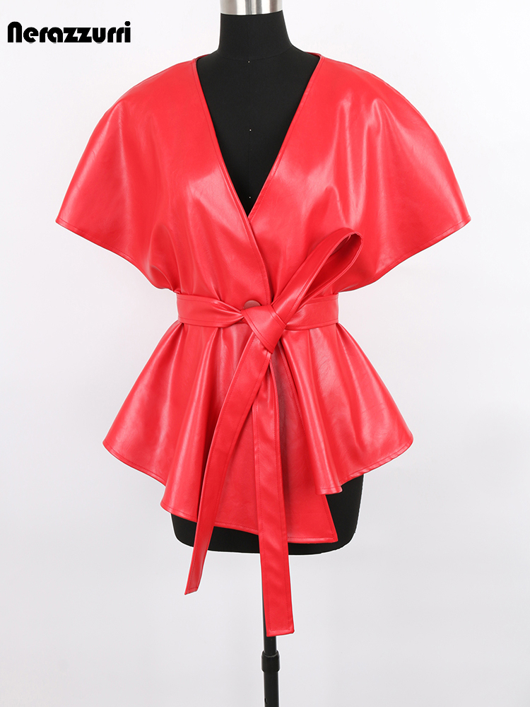 Nerazzurri-Chaleco corto de piel sintética para mujer, chaqueta sin mangas de diseñador de lujo, moda de pasarela, color rojo, primavera, 2022
