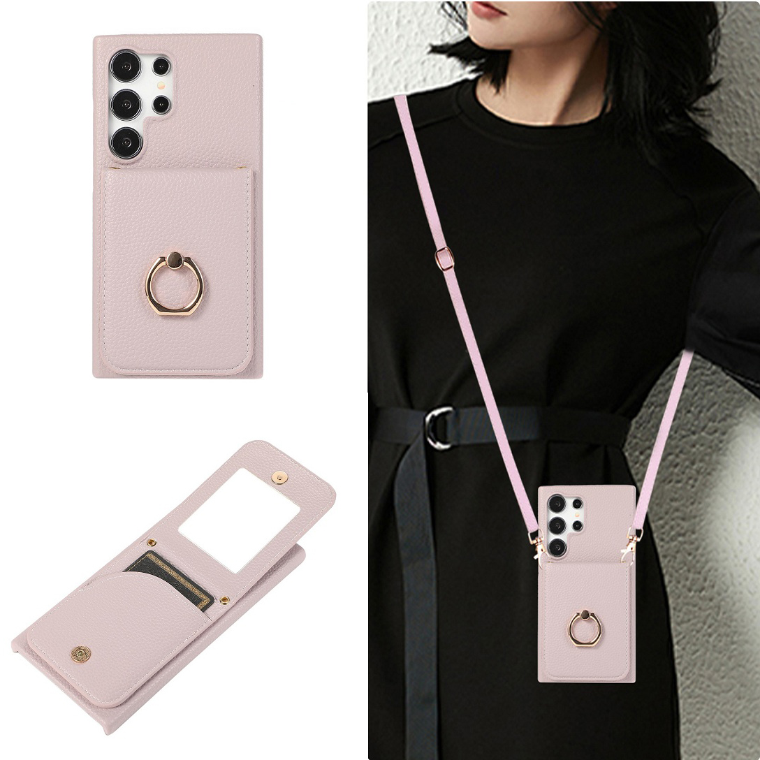Luxo crossbody couro cartão carteira caso para samsung galaxy s25 s24 fe s23 plus s22 s26 ultra espelho maquiagem capa anel suporte