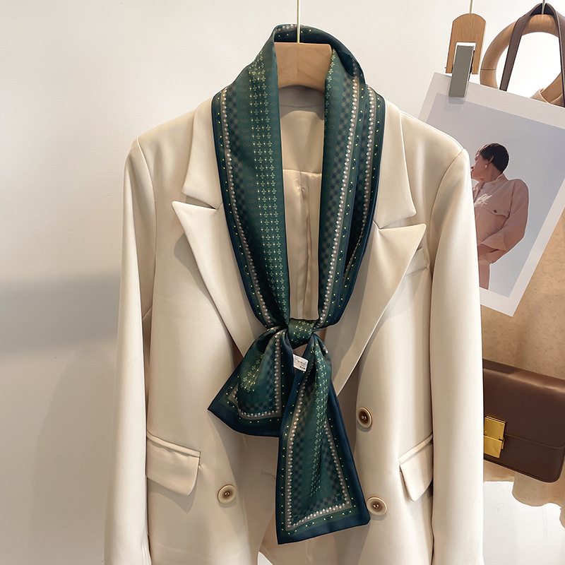 Green small silk scarf for women Korean small scarf long spring autumn summer thin style fashionable shirt thin and narrow strip