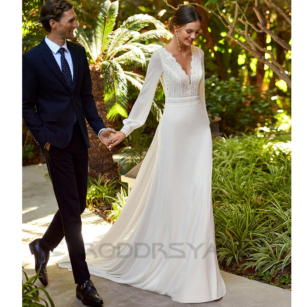 Roddrsya Boho Brautkleider lange Ärmel charmante V-Ausschnitt Spitze rücken freie Chiffon Brautkleider abnehmbare Zug Vestidos de Novia Boho Brautkleider Lange Ärmel Charmant  V-Ausschnitt Spitze Rückenfrei Chiffon Bra