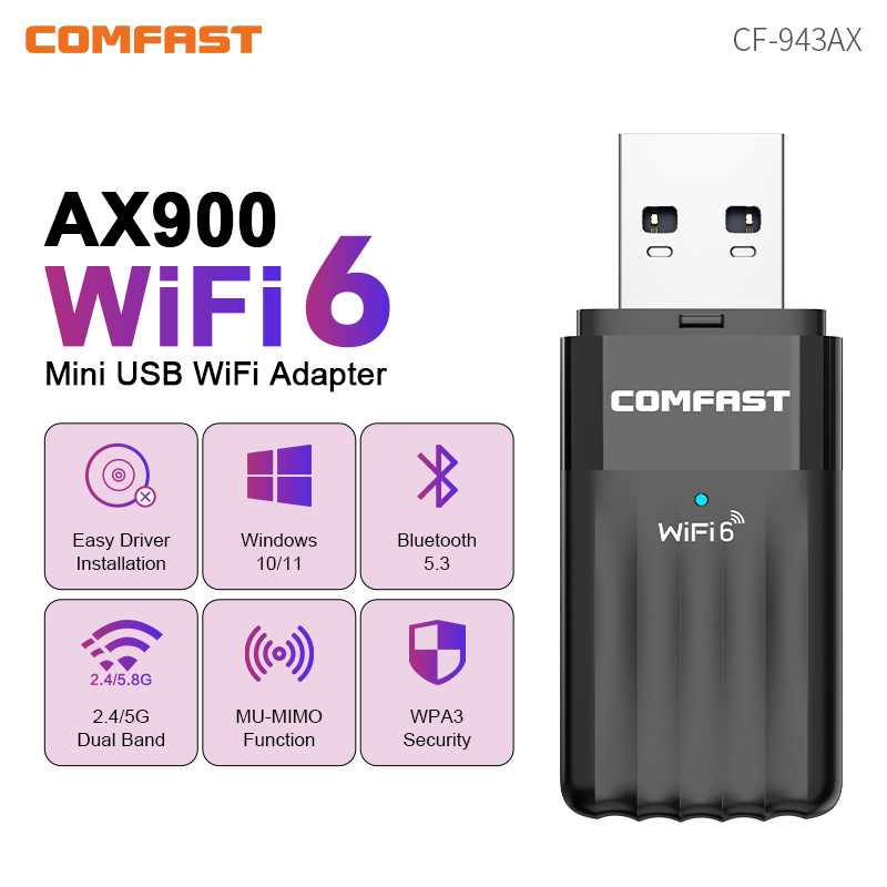 Adaptor USB COMFAST Bluetooth 5.3 WiFi6 Dongle AX900 Adaptor WiFi Bebas Driver Penerima Nirkabel 2.4 & 5.8GHz untuk PC/Laptop Win10/11