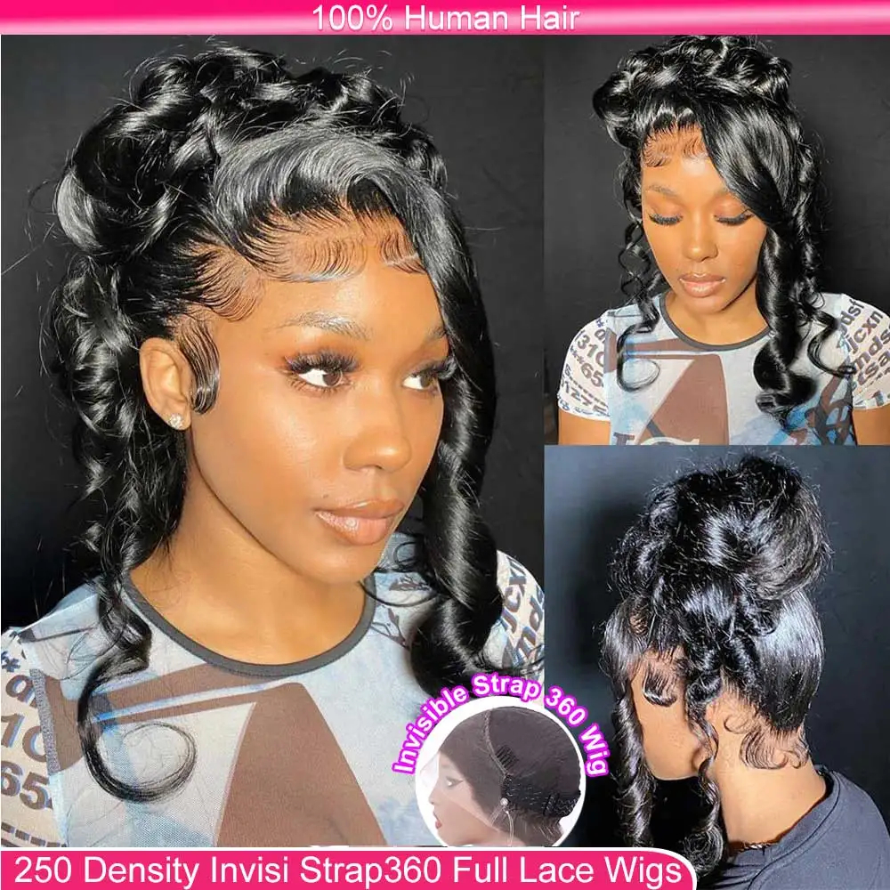 Peruca de Cabelo Humano Cacheado com Densidade de 220%, Ondas Corporais 360, Pré-arrancada com Baby Hair, Peruca Frontal de Renda 360 Transparente HD para Mulheres Negras
