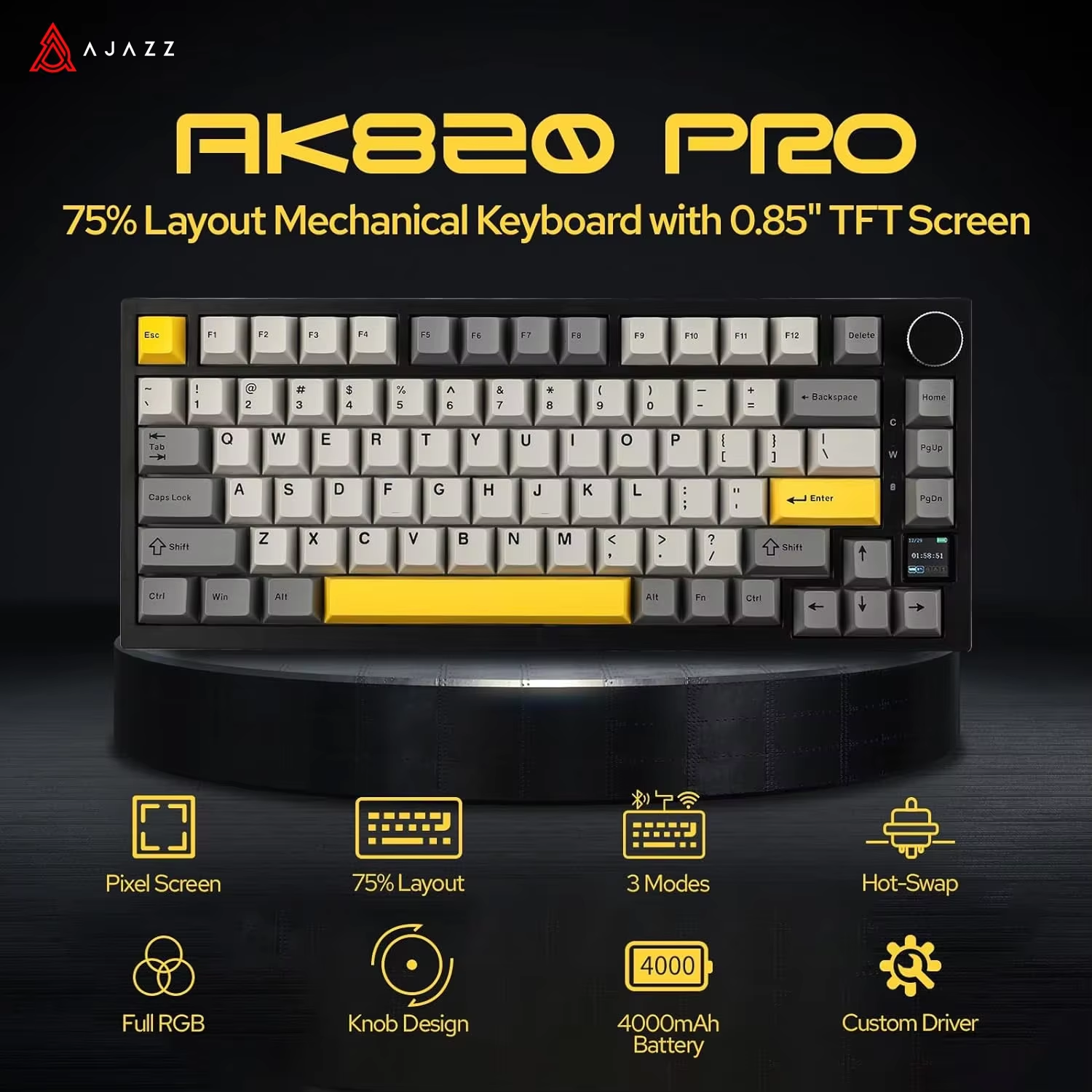 Teclado mecánico AJAZZ AK820/AK820Pro pantalla TFT perilla multifuncional teclado para juegos con cable/2,4 GHz/BT conectar teclado de PC