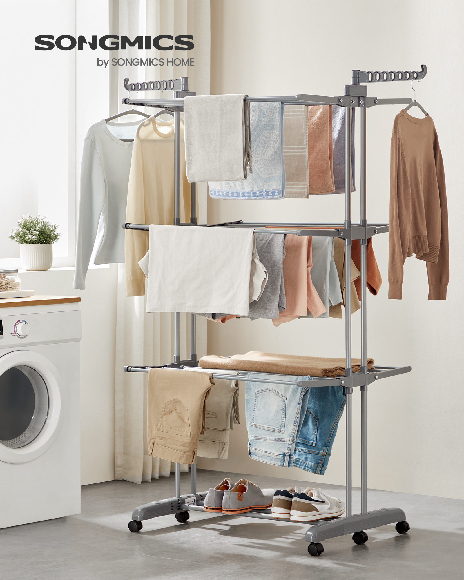 SONGMICS Tendedero Plegable de 4 Niveles, con Ruedas, Alas Plegables, 63,5 x 125,5 x 173 cm, Gran Capacidad, Montaje Fácil, Uso Interior y Exterior, Gris Paloma/Blanco Nube y Gris Paloma