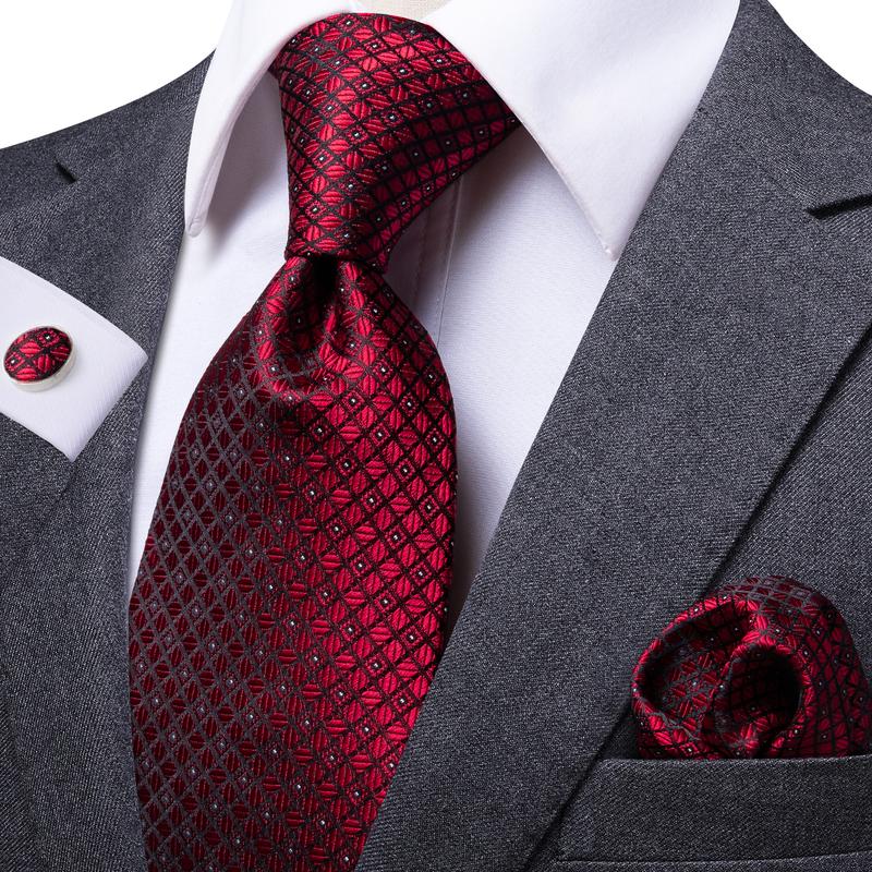 Hi-tie designer vermelho borgonha xadrez gravata de casamento de seda para homens handky abotoadura presente masculino gravata moda festa de negócios dropshiping