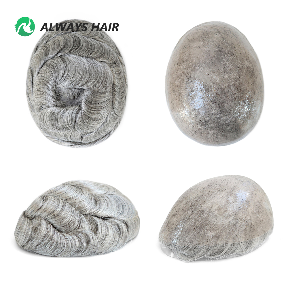 6 นิ้วผมอินเดีย Prosthesis Man Human Hair ธรรมชาติ 12-14 Polyskin สีเทามนุษย์ Capillary Prosthesis สําหรับชาย