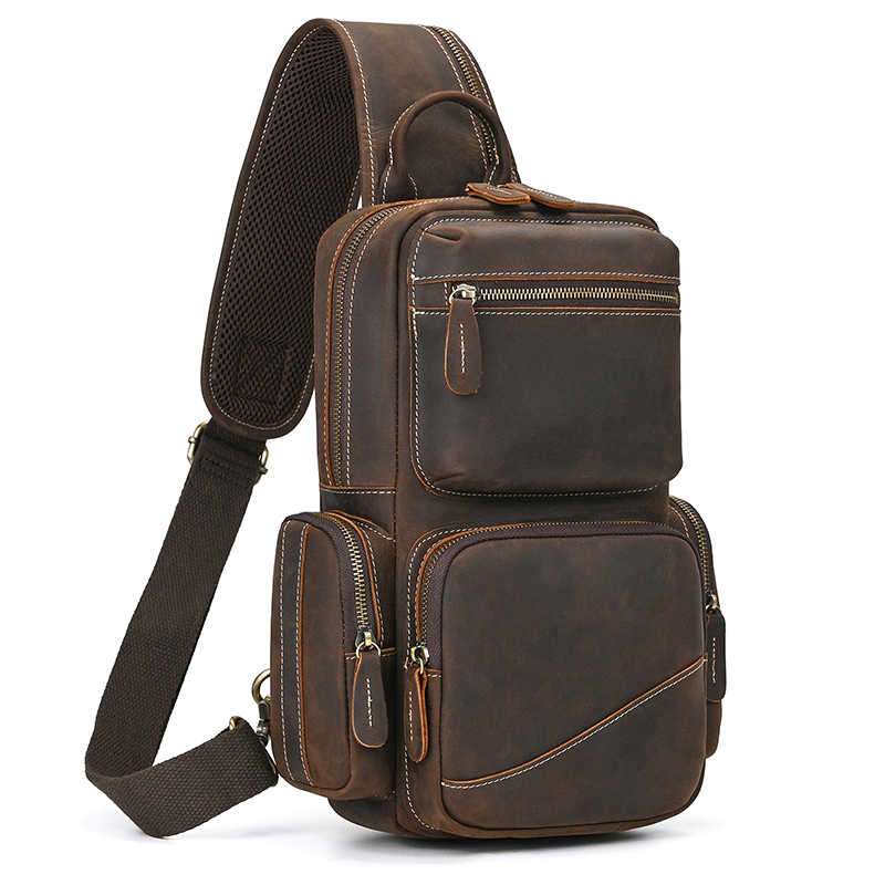 Bolsa de peito de couro crazy horse, bolsa de peito vintage de ombro único masculina