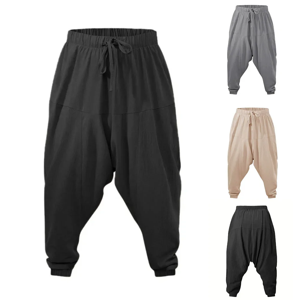 Spodnie haremki męskie bawełniano-lniane z obniżonym krokiem, wygodne, luźne, oddychające, lekkie, długie spodnie męskie typu joggers
