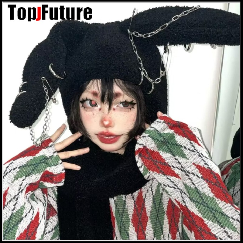 Women Harajuku Y2K Girls Long Rabbit Ear Hat Gothic Chain Beanie Hat Winter Warm Hooded Scarf Streetwear Bunny Ear Hats Scarves