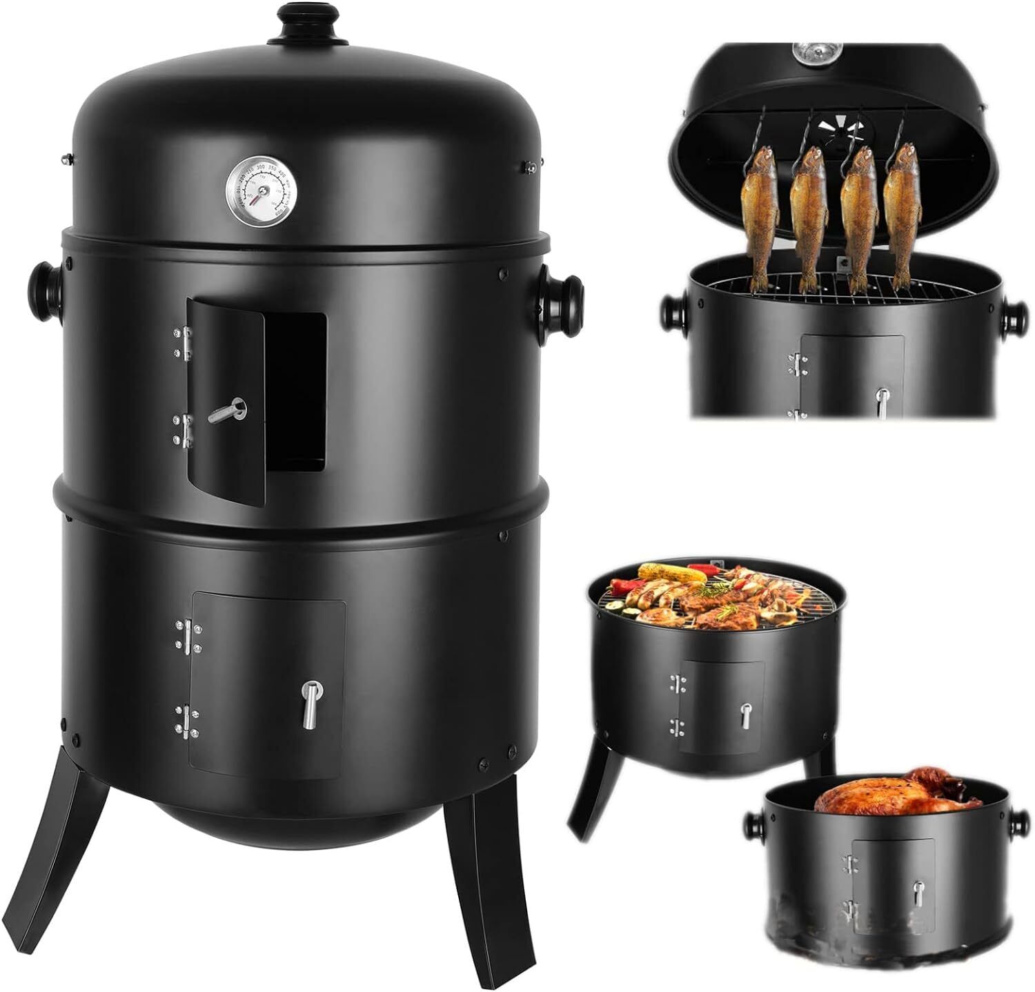 Griglia per barbecue a carbone 3in1 Barile per affumicatore per barbecue Griglia per affumicatore con termometro - Barile per affumicatore 3 in 1 per feste di cucina all'aperto