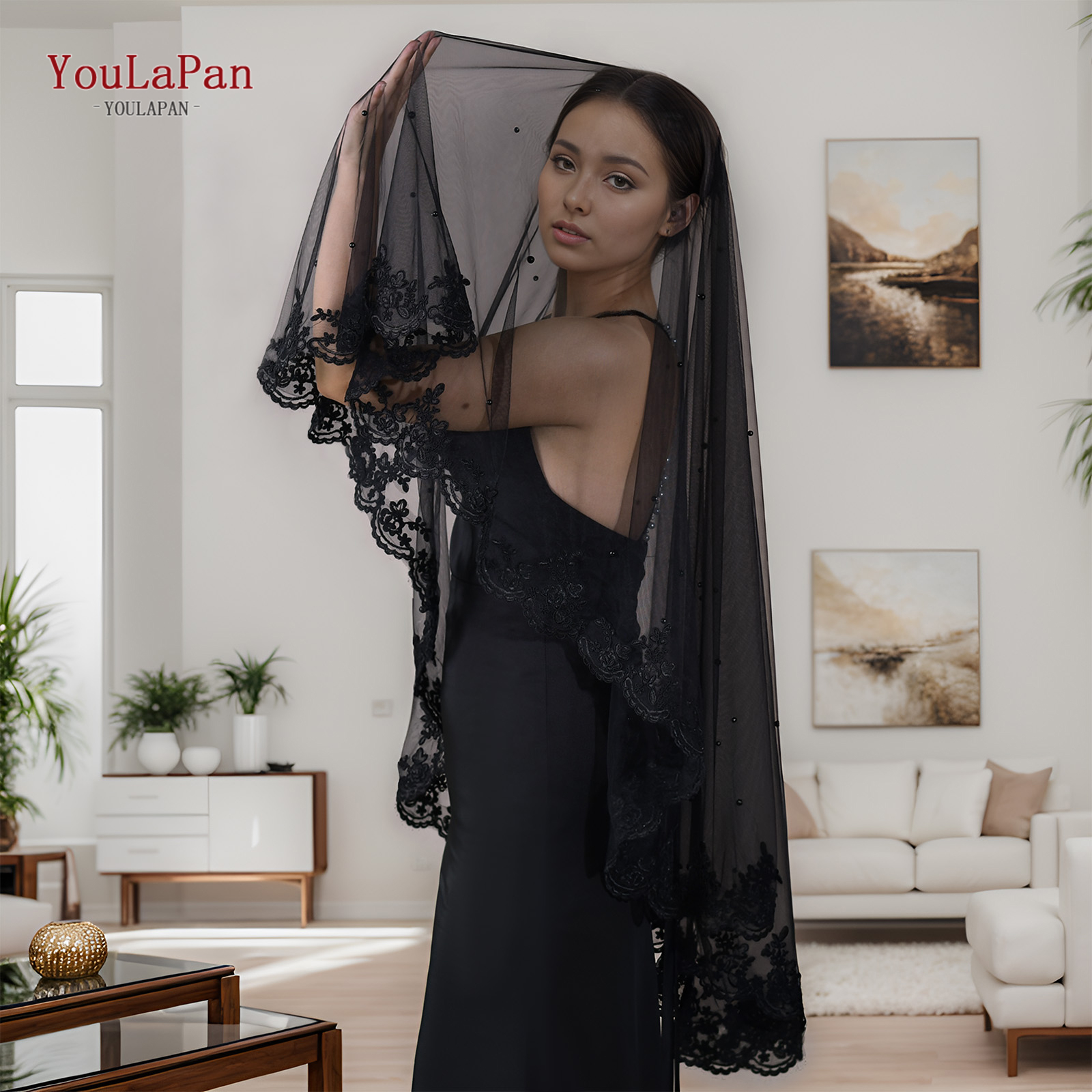 YouLaPan V65B Black Wedding Veils Pearl Lace Edge Bridal 2 Tier Soft Drop Spanish Mantilla Style Romantic Wedding Accessories