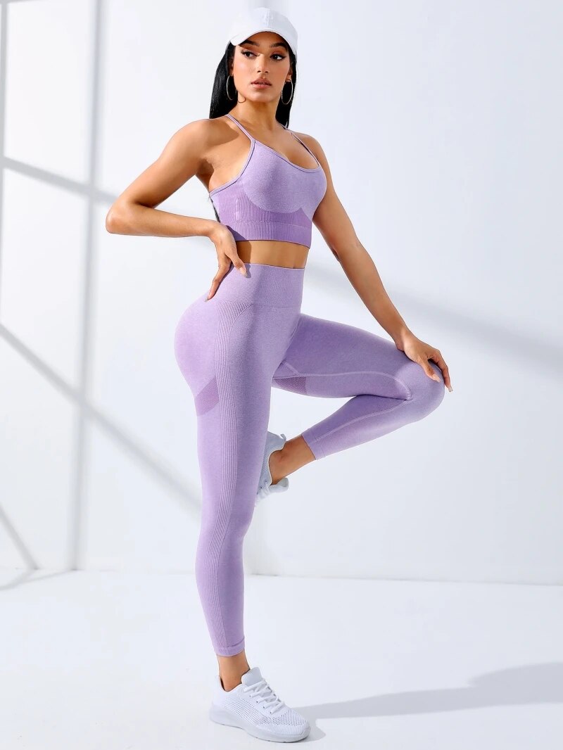 Roupas de treino sem costura para mulheres, conjunto de ioga, roupas esportivas, treino, perneiras, alça de ombro fina, sutiã esportivo elástico, fitness, 2 peças