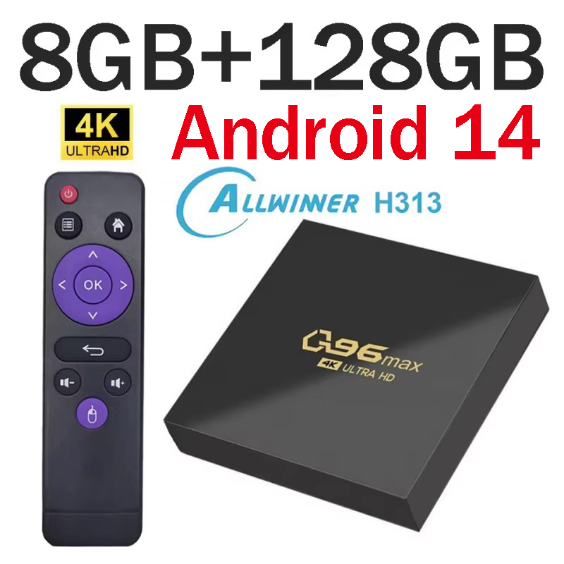 Q96 Max ТВ-приставка Android 14 Allwinner H313 Четырехъядерный процессор 64 бит HD 4K 3D 8 ГБ 128 ГБ Wi-Fi 4G Медиаплеер Smart Set Top Box H.265 iptv