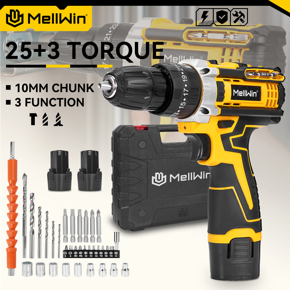 Электрическая дрель MELLWIN 25 + 3, 12 В, аккумуляторная дрель, электрическая отвертка, двухступенчатая регулируемая скорость, мини-беспроводной драйвер