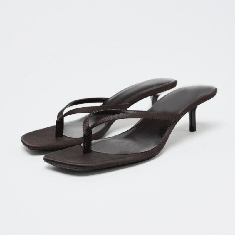Summer Women Brown Kitten Heel Flip Flops Square Toe Casual Shoes for Daily Beach Vacation Wear