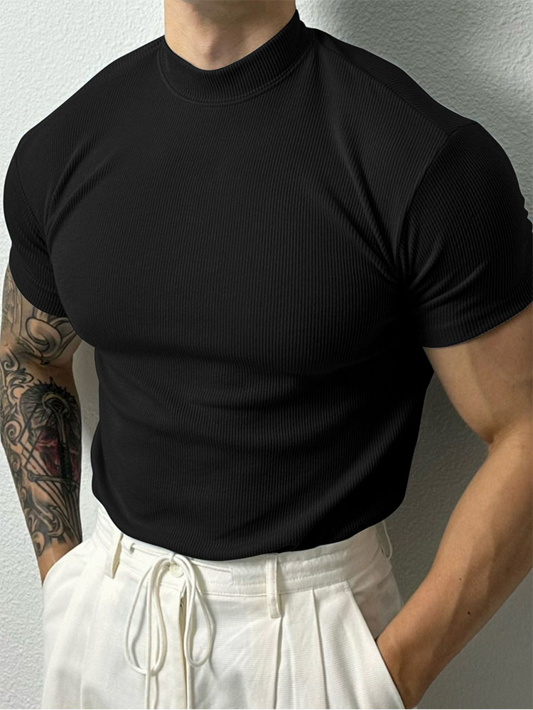 2025 แฟชั่นฤดูร้อนชายเสื้อยืดขนาดเล็กคอเสื้อแขนสั้นฟิตเนส TOP Leisure กีฬาเสื้อยืดชายกีฬา