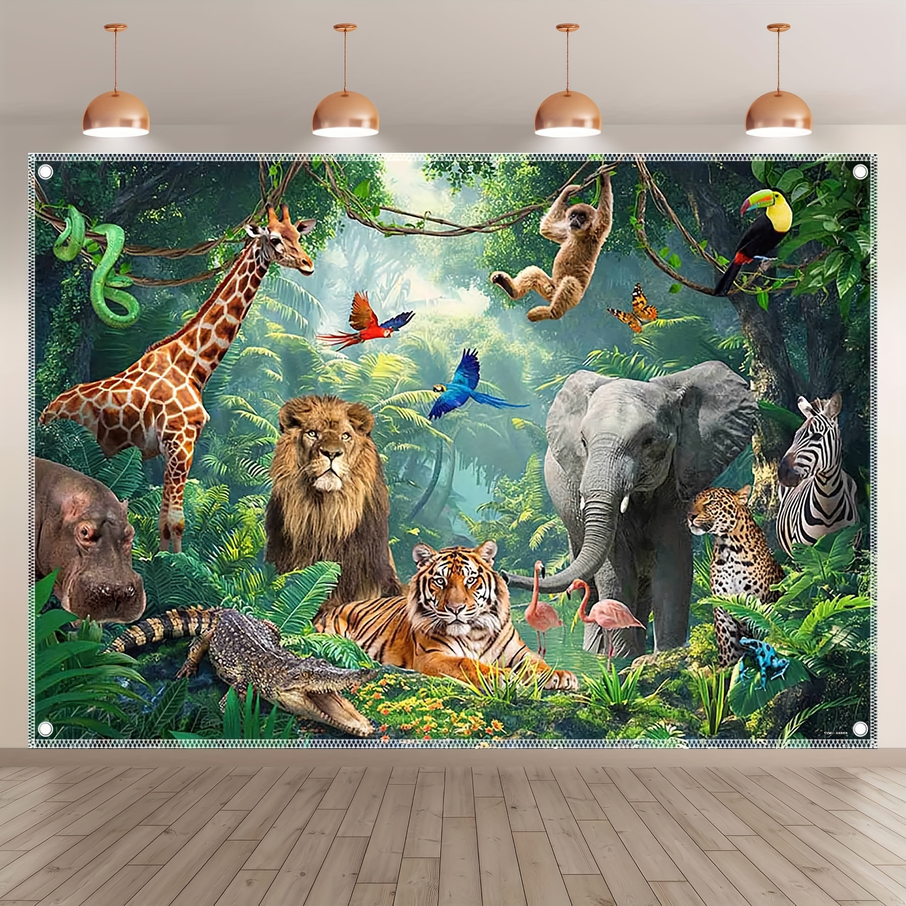 Fondo de aventura en la jungla: con tigres, leones, elefantes, jirafas y zebras: perfecto para fotografía y fiestas.
