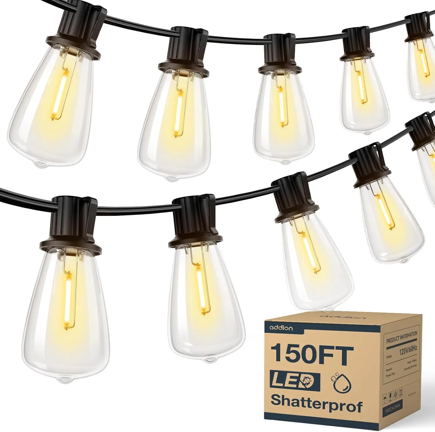 150 Fuß LED-Außenlichterkette, wasserdichte Terrassenlichter, bruchsicher, ST38, austauschbare Glühbirnen, dimmbare Außenhängeleuchten