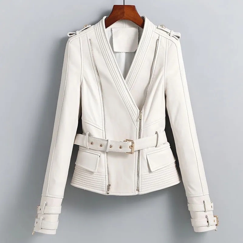 100% couro real feminino importado jaquetas de pele de carneiro moda com decote em v zíper diagonal feminino cinto fino curto branco jaquetas de pele de cordeiro