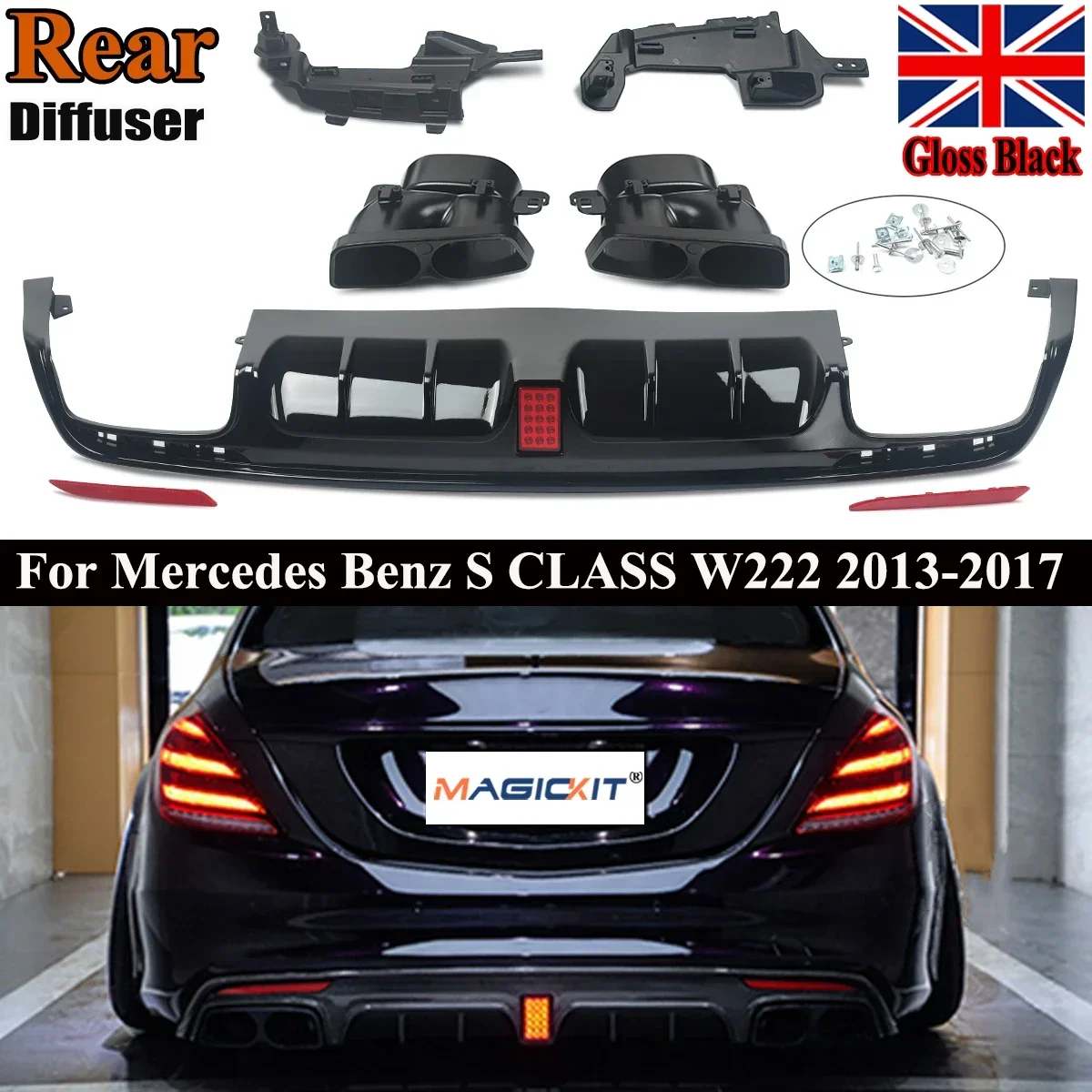 Difusor trasero AMG para MERCEDES Clase S W222, tubo de escape negro brillante 13-17