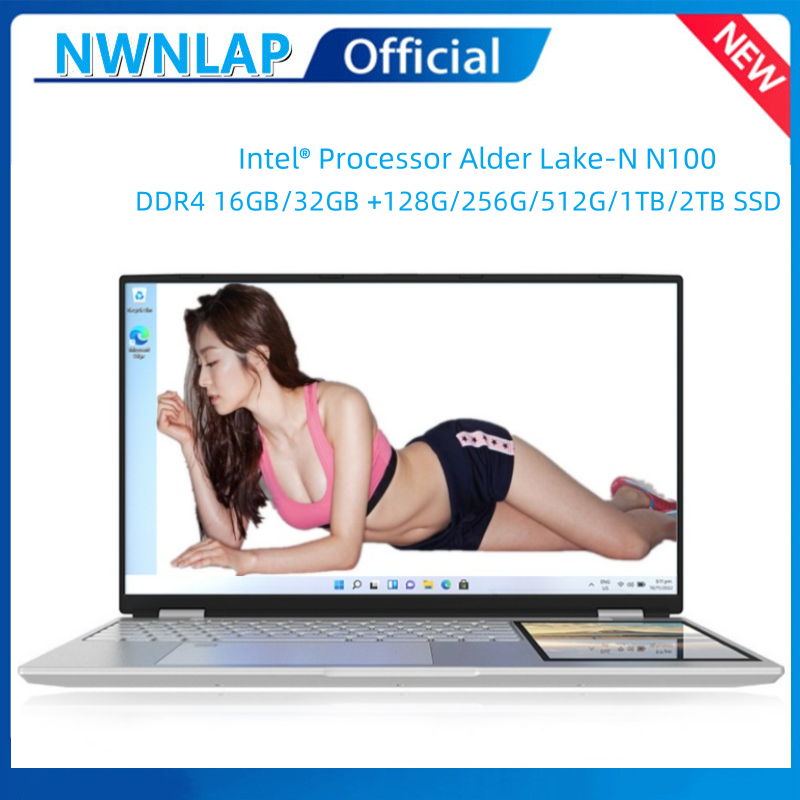 Nieuwkomers 12e generatie Intel N100 Dual Screen Laptop Gaming Laptop 15,6 inch 2K LCD + 7 inch IPS Touchscreen PC Draagbaar