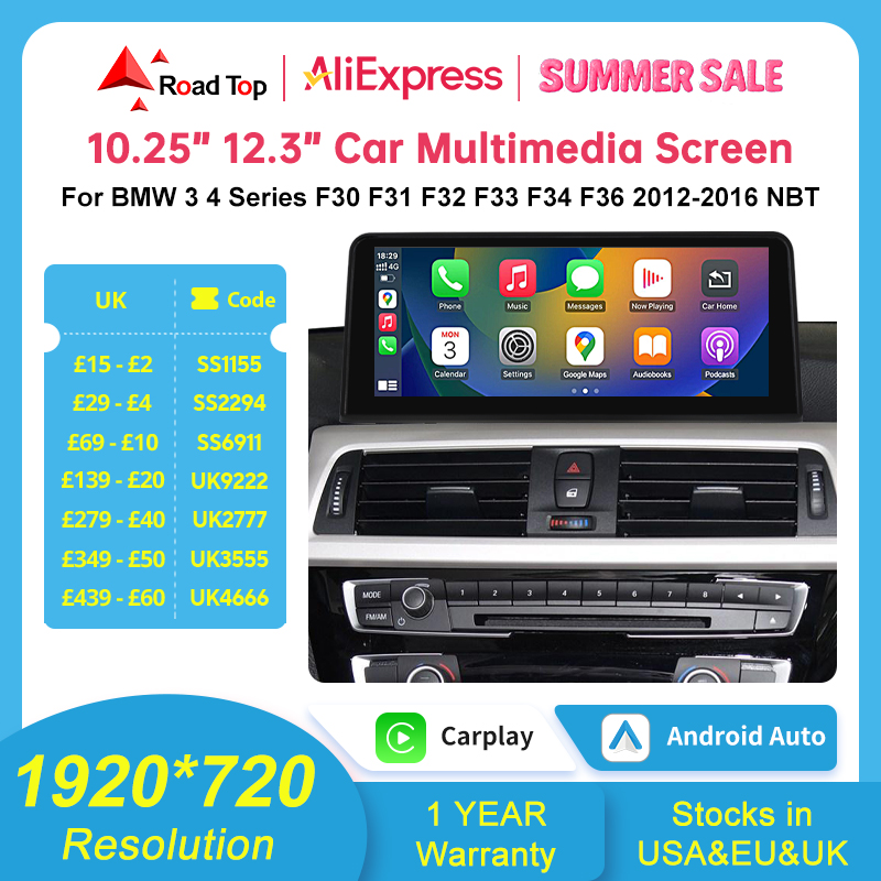 Pantalla Multimedia inalámbrica Carplay Android Auto de 10,25 pulgadas, 1920x720, para BMW 3 4 Series F30 F31 F32 F33 F34 F36 NBT pantalla táctil