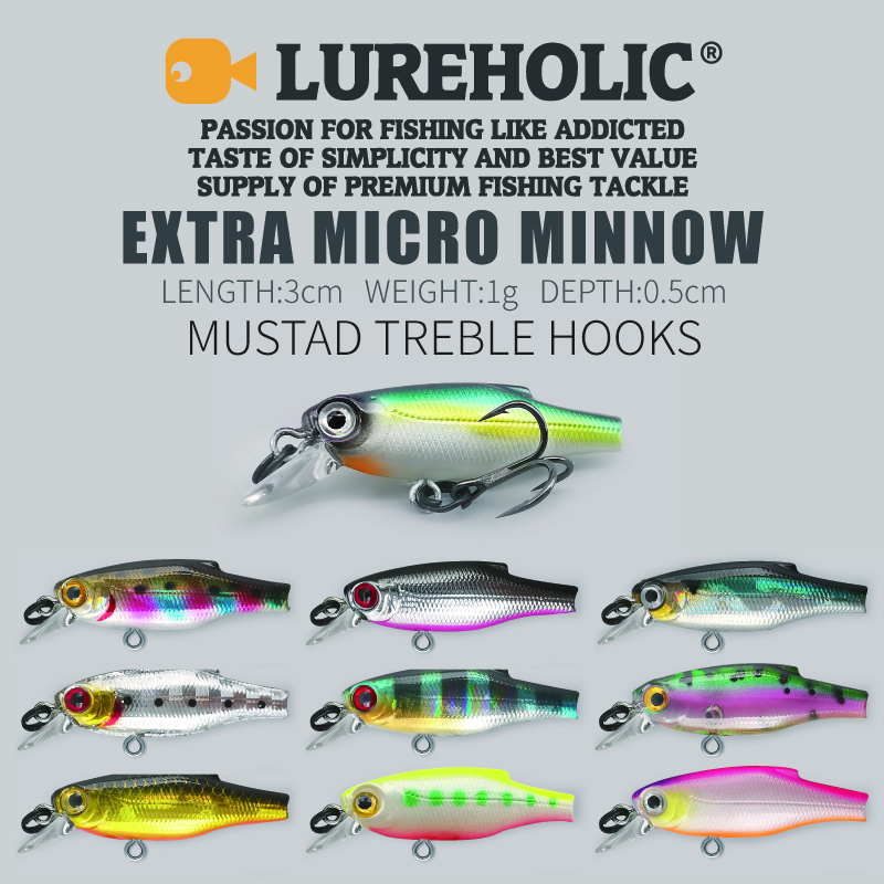 LUREHOLIC, 3 см, 1 г, мини-тонущая, очень жесткая приманка Micro Minnow, глубина 0,5 м, с крючком MUSTAD