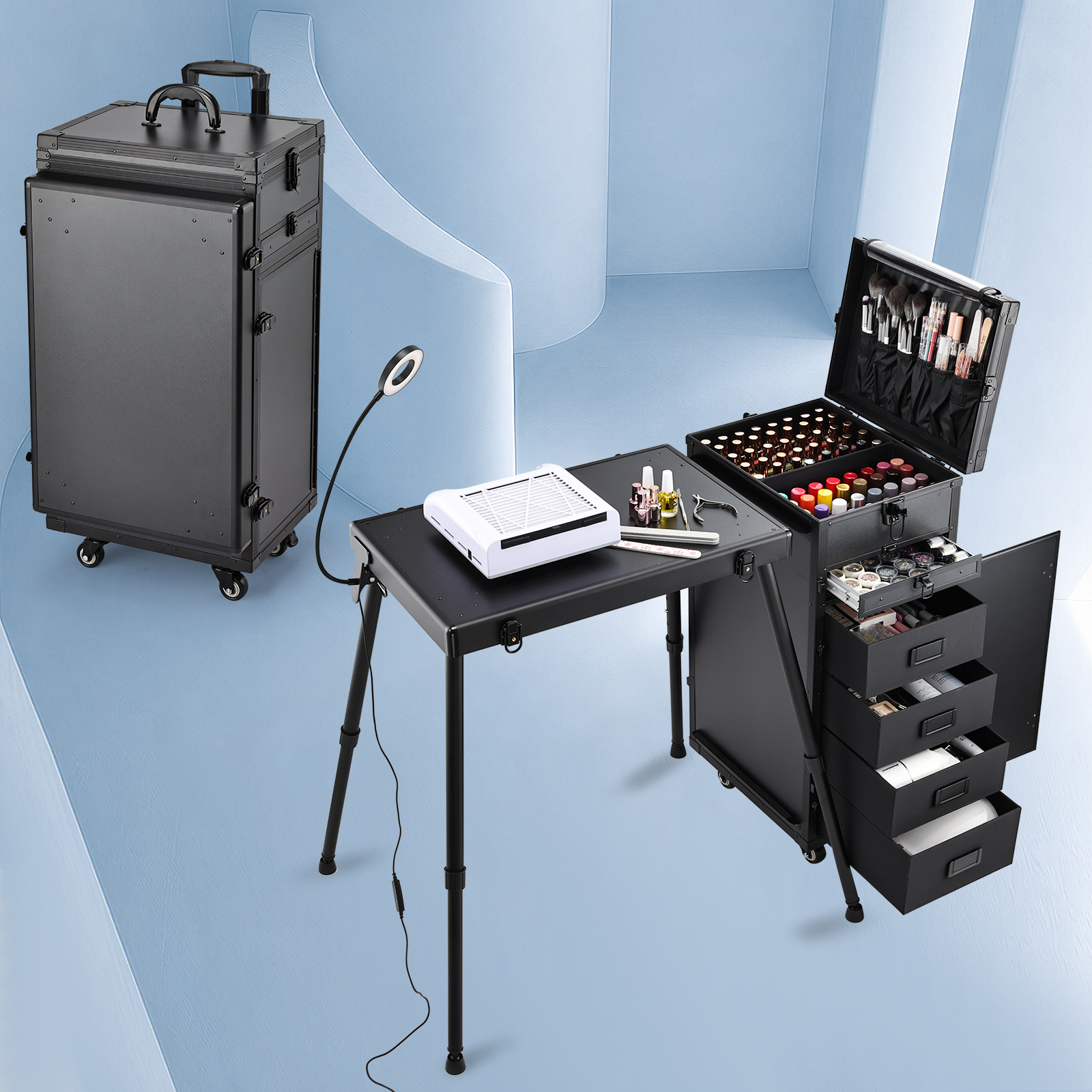 Rollbarer Make-up-Koffer mit 5 großen Schubladen, professioneller Make-up-Koffer, tragbarer Nageltisch, Nageltechniker-Schreibtisch, Kosmetikkoffer auf Rollen, faltbarer Nageltisch mit Schlüsseln, Tattoo-Nagel-Kosmetik-Techniker-Tisch, mobiler Schreibtisc