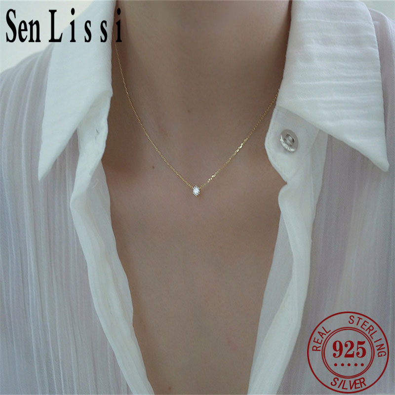 SENLISSi Halskette aus 925er-Sterlingsilber, 18 Karat vergoldet, einzelne glitzernde Zirkon-Schlüsselbeinkette für Frauen, Hochzeitsschmuck, Collares