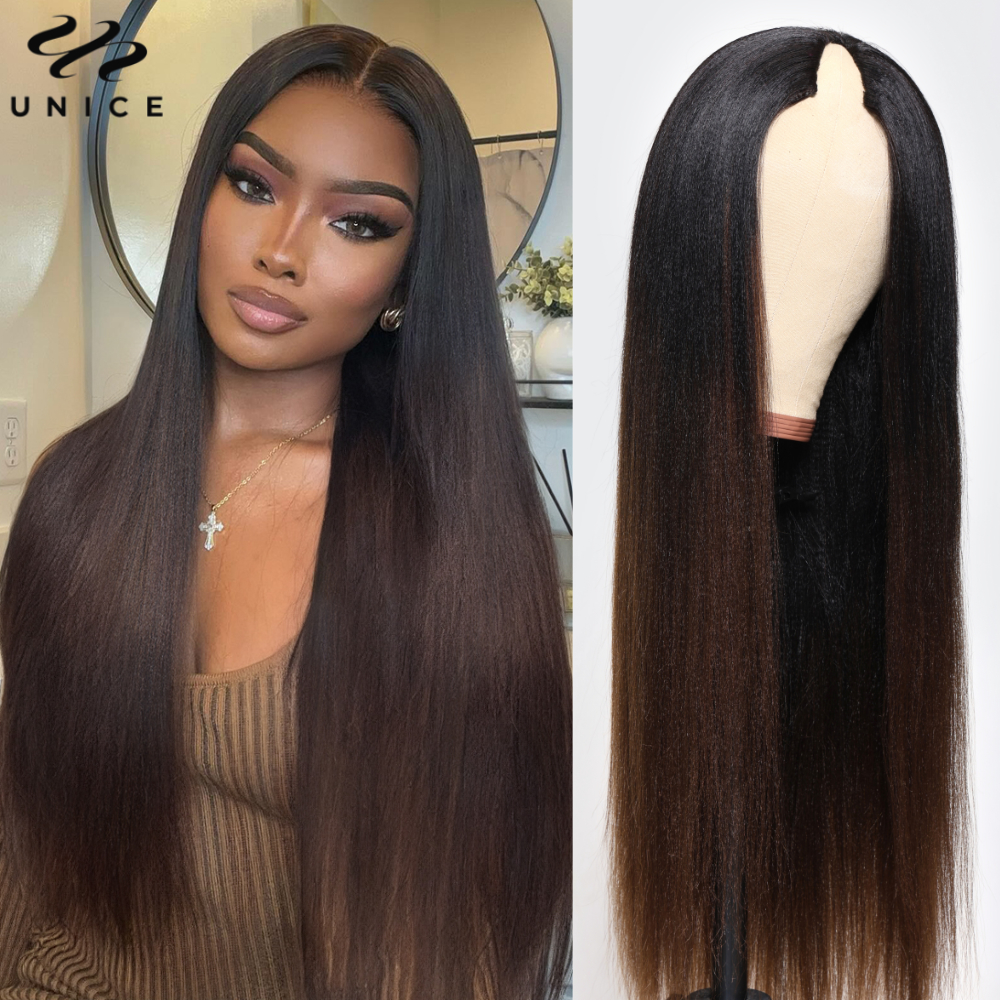 Unice cabelo castanho marrom yaki em linha reta v parte peruca com cordão invisível peruca de cabelo humano protetor 150% densidade