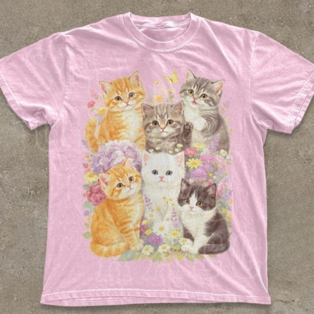 T-shirt Rétro Chaton, T-shirt Floral Rétro Chat, T-shirt Cadeau Style Pastoral pour Amoureux des Chats, Vêtements Esthétiques Mignons, Style Harajuku