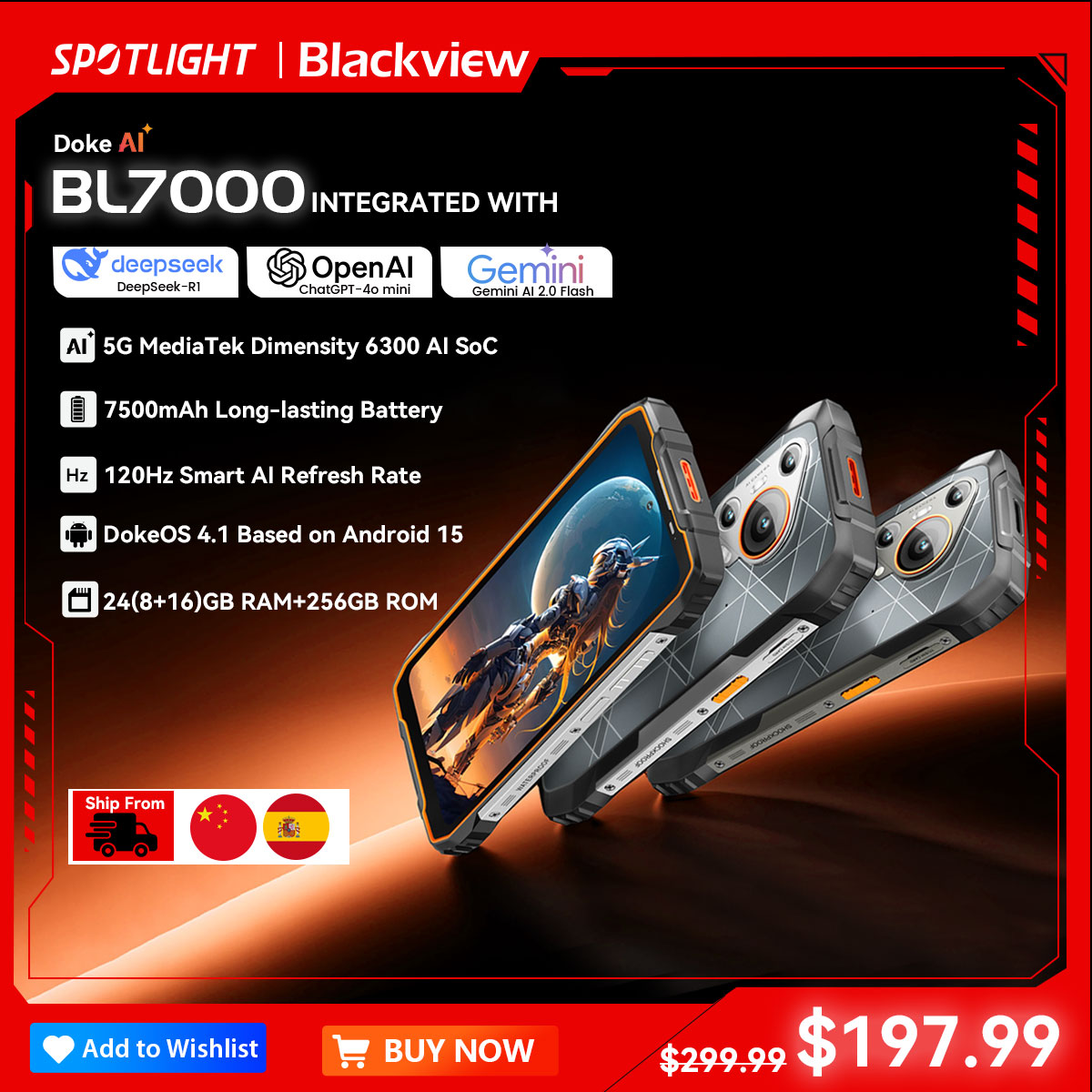 BLACKVIEW BL7000 5G AI โทรศัพท์ที่ทนทาน Deepseek GPT สมาร์ทโฟน Android 15, จอแสดงผล HD + 2.4K ขนาด 6.78 นิ้ว 120Hz, 8GB RAM 256GB, 7500Amh