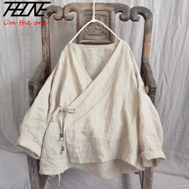 THHONE ファッション女性ブラウス 2024 秋 Blusa Mujer 長袖韓国ルーズ女性のシャツコットンリネン固体レースアップ Camisas