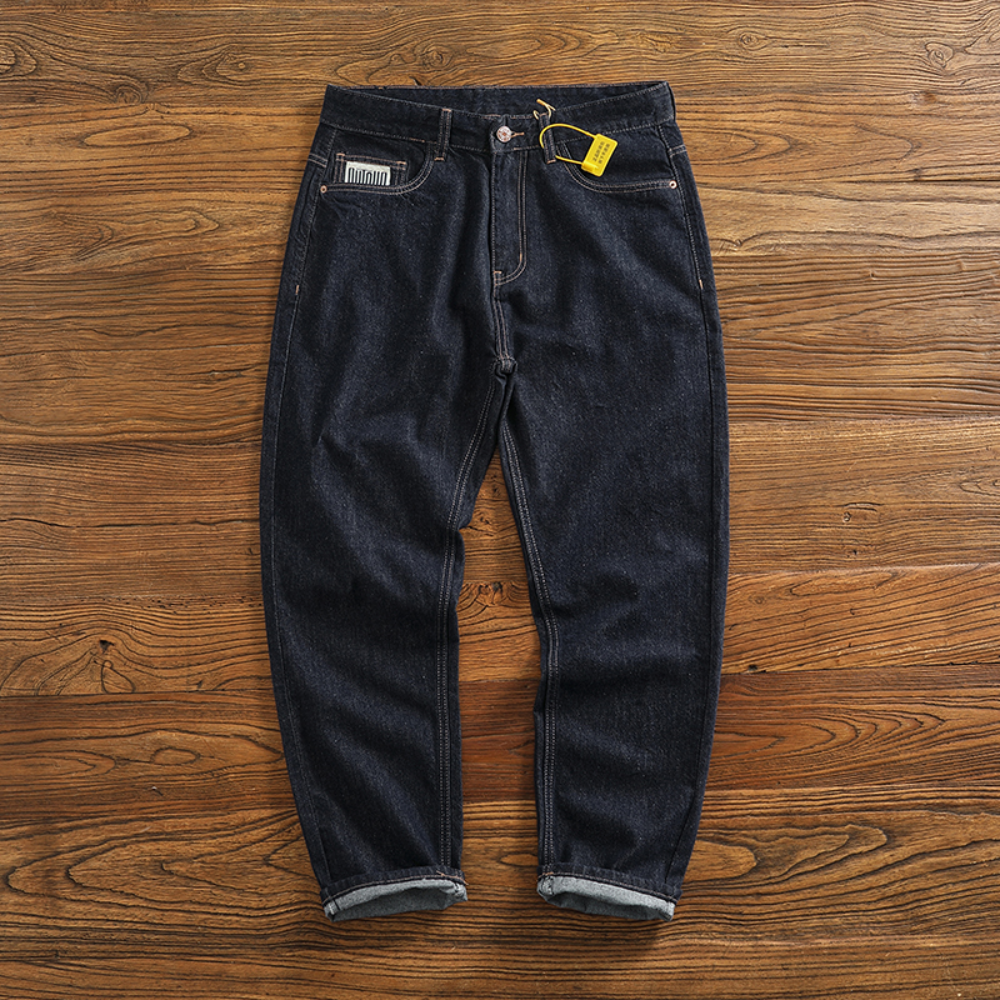 Anti-Fading, einfarbig, allgemeine Waschung, primäre Farbe, Denim-Jeans, dunkle amerikanische, lässige, lockere, gerade Kegelhose für Herren