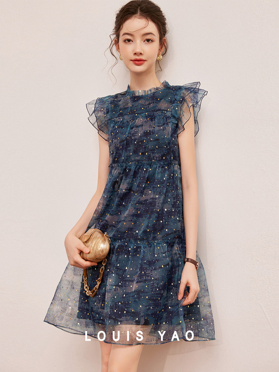 LOUIS YAO Damen-Sommerkleid 2025, Pilzkantendekoration, kleine fliegende Ärmel, süßes, altersreduzierendes, funkelndes Kleid für Damen