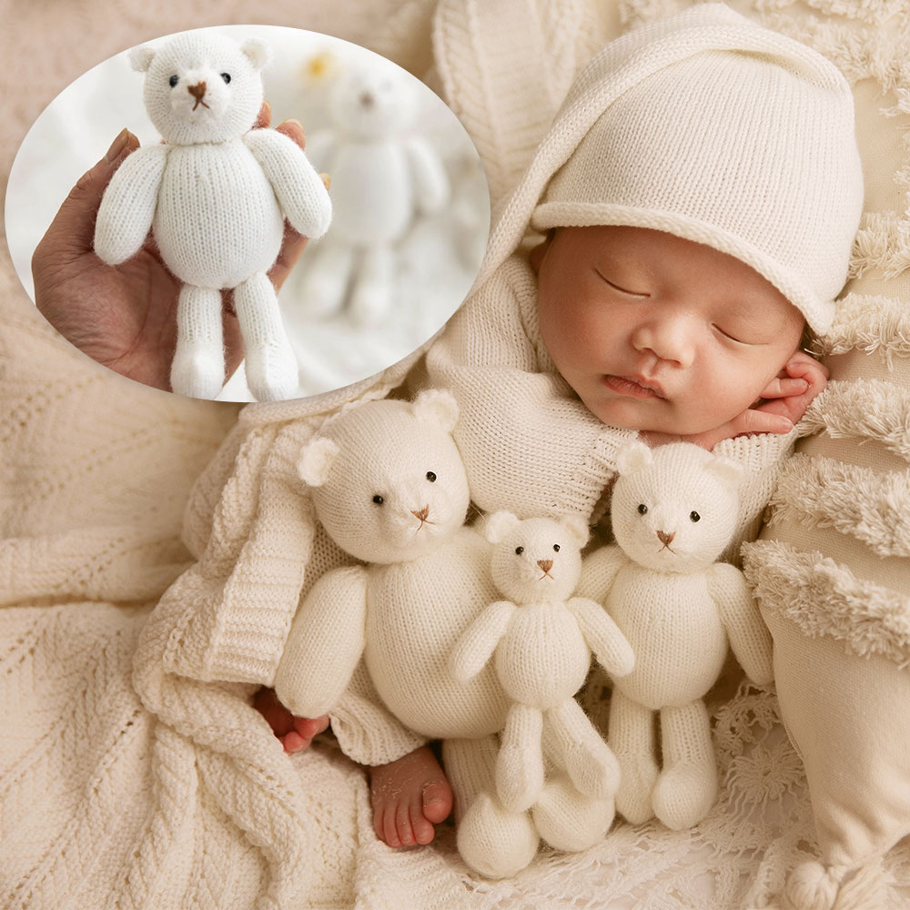 Adereços de fotografia de recém-nascidos de urso de pelúcia de crochê feito à mão, adereços de fotografia de malha de crochê fofos para acessórios de bebê para posar