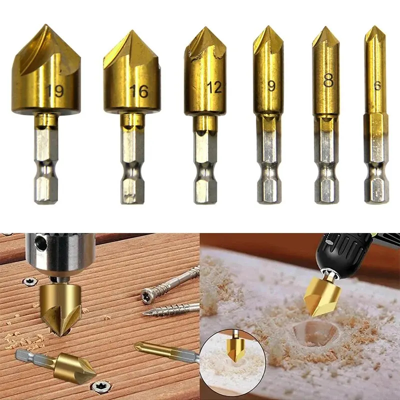 6PC 六角ハンドルチタンメッキ五刃面取りナイフ皿穴ドリル 6-19mm 木工用スポットフェーサーツールセット