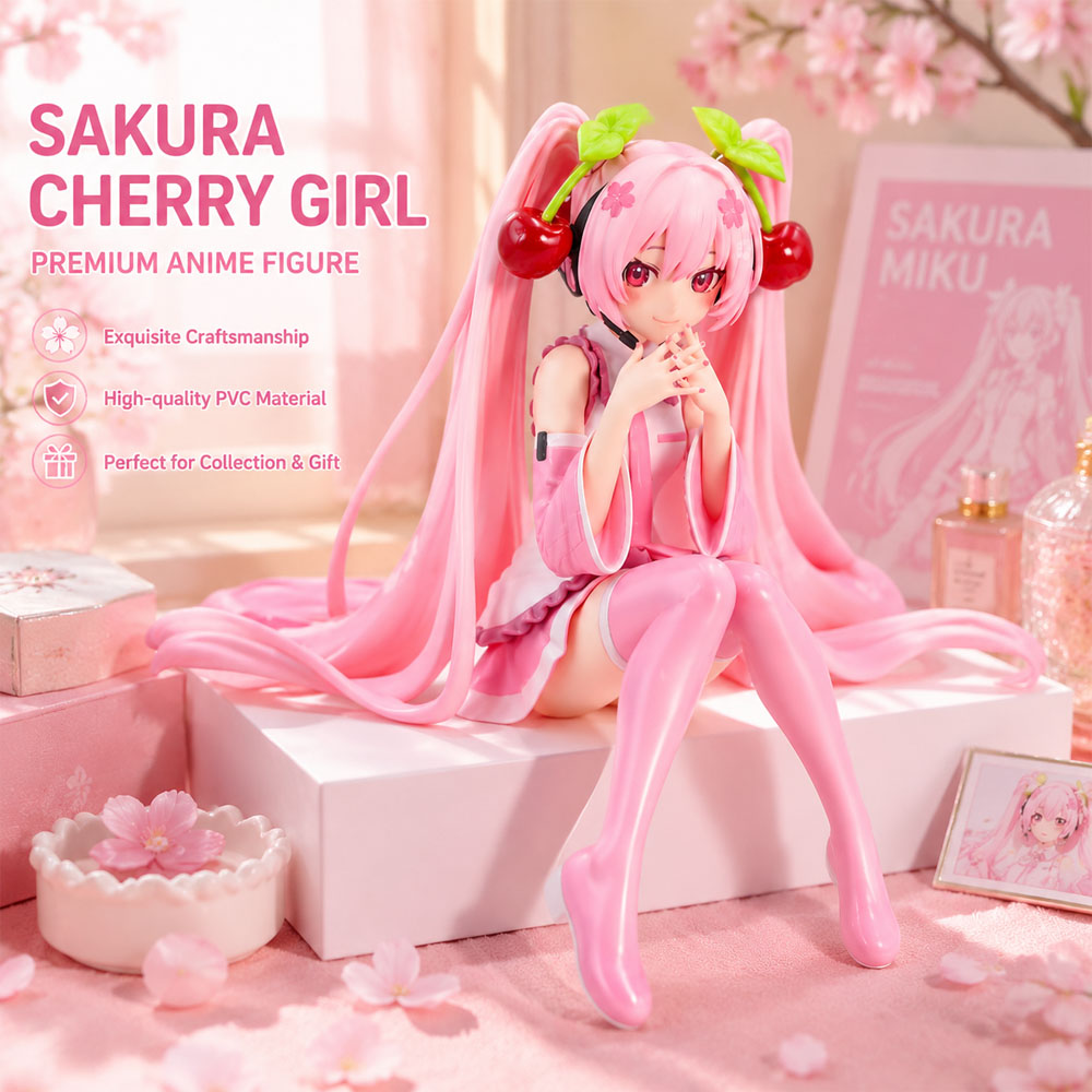 ตุ๊กตา Hatsune Miku ตัวละครอนิเมะ ชุดสีชมพู วัสดุ PVC แบบไดนามิก ของเล่นตกแต่งดอกซากุระ งานแฮนด์เมด ของสะสม ของขวัญ